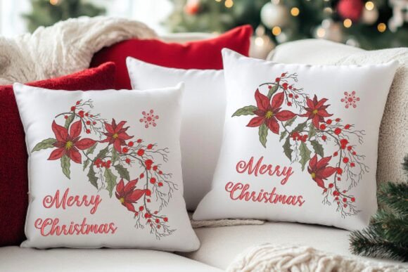 Merry Christmas Poinsettia Pillow Design